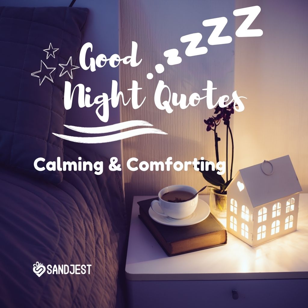 Peaceful bedside scene with a book and tea promoting Sandjest's calming good night quotes.