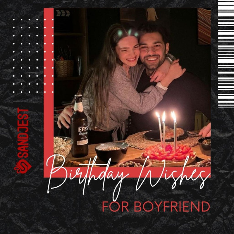 Happy couple celebrating the man's birthday with a candlelit cake and beer for Sandjest.