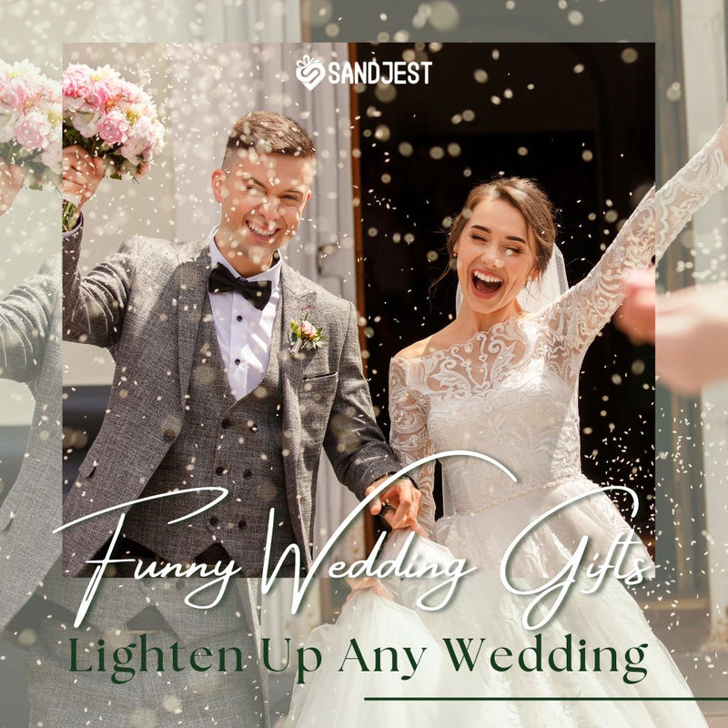 Happy groom and bride laughing together, surrounded by funny wedding gifts, capturing the joy and humor of their special day.