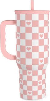 40oz Checkered and Heart Tumbler with Handle and Straw - Insulated Stainless Steel Travel Coffee Mug for Women Girls, Gift for Birthday, Christmas