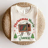 Sandjest Funny Christmas Retro Graphic Tee, Groovy Vintage Christmas Shirt, Christmas Movie Junkie Sweatshirt, Trendy Holiday Apparel Xmas Gift