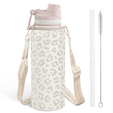 Beige Leopard Skin Stainless Steel Water Bottle with Strap 32oz, Insulated Bottles with Straw and Spout Lid for Gym Sports Travel Outdoor, Gifts for Women Girls Birthday Christmas