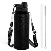 Black Leopard Skin Stainless Steel Water Bottle with Strap 32oz, Insulated Bottles with Straw and Spout Lid for Gym Sports Travel Outdoor, Gifts for Women Girls Birthday Christmas