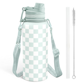 Checker Stainless Steel Water Bottle with Strap 32oz, Insulated Bottles with Straw and Spout Lid for Gym Sports Travel Outdoor, Gifts for Women Girls Birthday Christmas