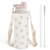 Paw Print Stainless Steel Water Bottle with Strap 32oz, Insulated Bottles with Straw and Spout Lid for Gym Sports Travel Outdoor, Gifts for Women Girls Birthday Christmas