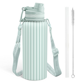 Stripe Stainless Steel Water Bottle with Strap 32oz, Insulated Bottles with Straw and Spout Lid for Gym Sports Travel Outdoor, Gifts for Women Girls Birthday Christmas