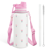 Tulip Stainless Steel Water Bottle with Strap 32oz, Insulated Bottles with Straw and Spout Lid for Gym Sports Travel Outdoor, Gifts for Women Girls Birthday Christmas