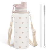 Beige Heart Stainless Steel Water Bottle with Strap 32oz, Insulated Bottles with Straw and Spout Lid for Gym Sports Travel Outdoor, Gifts for Women Girls Birthday Christmas