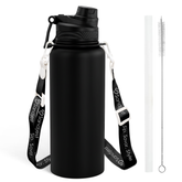 Stainless Steel Water Bottle with Strap 32oz, Insulated Bottles with Straw and Spout Lid for Gym Sports Travel Outdoor, Gifts for Women Girls Birthday Christmas (Black)