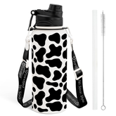 Cow Skin Stainless Steel Water Bottle with Strap 32oz, Insulated Bottles with Straw and Spout Lid for Gym Sports Travel Outdoor, Gifts for Women Girls Birthday Christmas