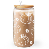 Pumpkin 16oz Can Glass Tumbler with Bamboo Lid & Straw, Iced Coffee Cup for Women Girls, Fall Aesthetic Cups Gifts