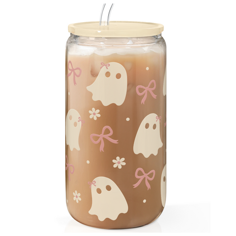Halloween 16oz Can Glass Tumbler with Acrylic Lid & Straw, Iced Coffee Cup for Women Girls, Aesthetic Cups Gifts for Party