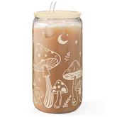 Mushroom 16oz Can Glass Tumbler with Acrylic Lid & Straw, Iced Coffee Cup for Women, Aesthetic Cups Gifts for Birthday Christmas
