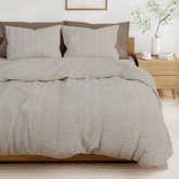 Light Grey Beige Duvet Cover Set, Seersucker Bedding Set