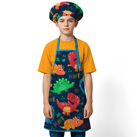 Dinosaur Apron with Pocket, 2Pcs Aprons and Chef Hat for Toddlers Girls Boys , Kid Apron for Cooking Baking Gardening Painting