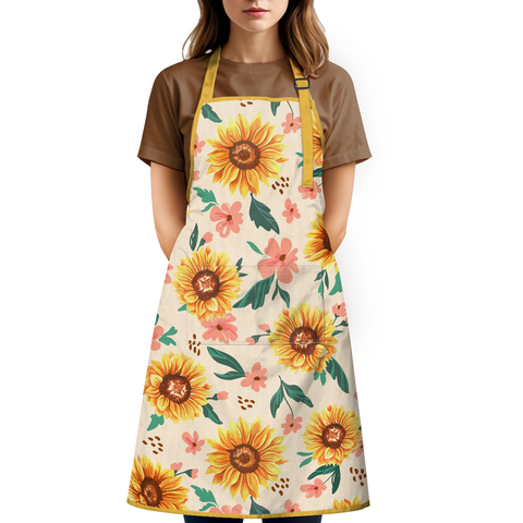 Sunflower Apron for Women with Pocket Chef Aprons For Kitchen Cooking Baking Grilling BBQ