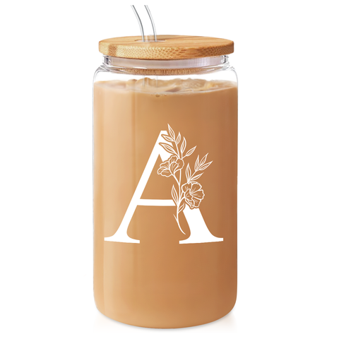 Monogram A Initial Glass Cup 16 Oz Can Coffee Cups with Lid and Straw