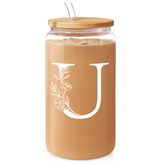 Monogram U Initial Glass Cup 16 Oz Can Coffee Cups with Lid and Straw - Gifts for Womens on Birthday