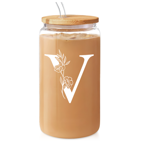 Monogram V Initial Glass Cup 16 Oz Can Coffee Cups with Lid and Straw - Gifts for Womens on Birthday