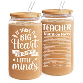 Teacher 16 Oz Can Glass Coffee Cup with Straws - Teacher Appreciation Gift on Birthday Back To School