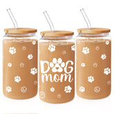 Dog Mom Cup 16 Oz Can Glass Coffee Mug with Bamboo Lid & Straw - Dog Lover Gifts for Women