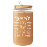 Inspirational 16 Oz Can Glass Coffee Cup with Bamboo Lid & Straw - Christian Gifts for Women