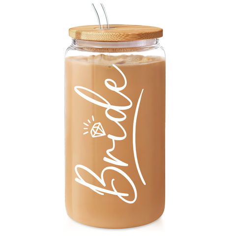 Bride Glass Coffee Cup 16 Oz with Bamboo Lid and Straw - Bridal Shower Gift