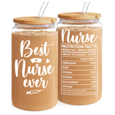 Nurse Cup 16 Oz Glass Can with Bamboo Lid and Straw - Nurse Appreciation Gifts on Birthday