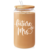 Future Mrs Glass Coffee Cup 16 Oz with Bamboo Lid and Straw - Bridal Shower Gift