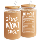 Mom 16 Oz Can Glass Coffee Cup with Bamboo Lid & Straw - Mothers Gift Gifts for from Daughter Son on Birthday Mothers Day Valentines