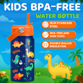 Blue Dinosaur SipKid | Kids Stainless Steel Straw Lid Water Bottle 12oz