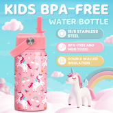 Pink Unicorn SipKid | Kids Stainless Steel Straw Lid Water Bottle 12oz