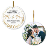 Personalized First Christmas Mr and Mrs Ornament Custom Photo Picture Couple Ceramic Double Sided Ornaments Wedding Marriage Keepsake Gifts for Newlywed Couple Christmas Tree Decorations