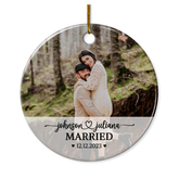 Personalized First Christmas Married Ornament with Photo Picture Wedding Ceramic Ornaments Keepsake Customized Gifts for Couple Newlywed Husband Wife Xmas Tree Decorations