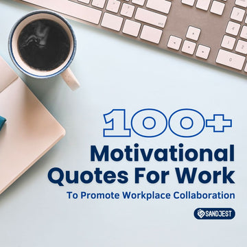 An overhead view of a workspace with a keyboard, a notepad, and a cup of coffee, promoting teamwork with motivational quotes.