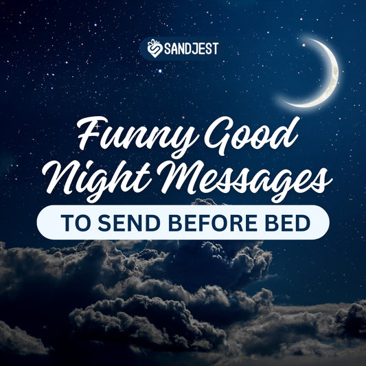 Night sky with crescent moon and clouds, displaying the title funny good night messages.