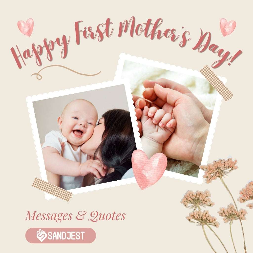 A heartwarming Sandjest Mother's Day theme with a joyous baby and mother, and tender baby hand, symbolizing a Happy First Mother's Day with messages and quotes.