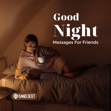 A woman in a cozy sweater sitting on a bed with a cup of tea and a tablet, with the good night messages for friends. 