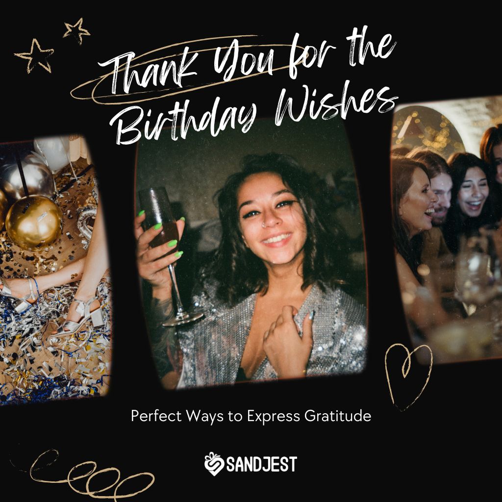 Woman smiling with a champagne glass at a birthday party with text overlay 'Thank you for the Birthday Wishes