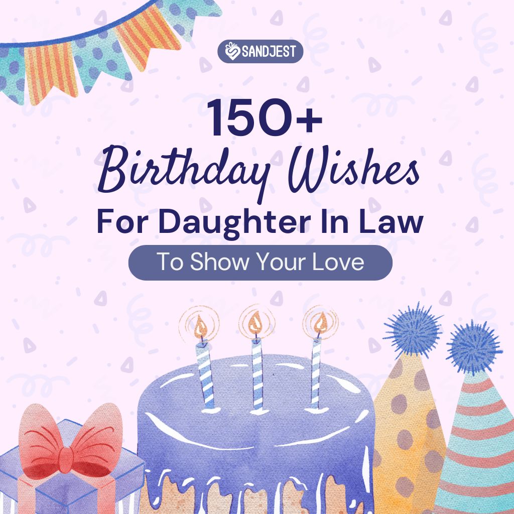A colorful birthday promotional image from SandJest, highlighting a compilation of over 150 heartfelt birthday wishes for a daughter-in-law.