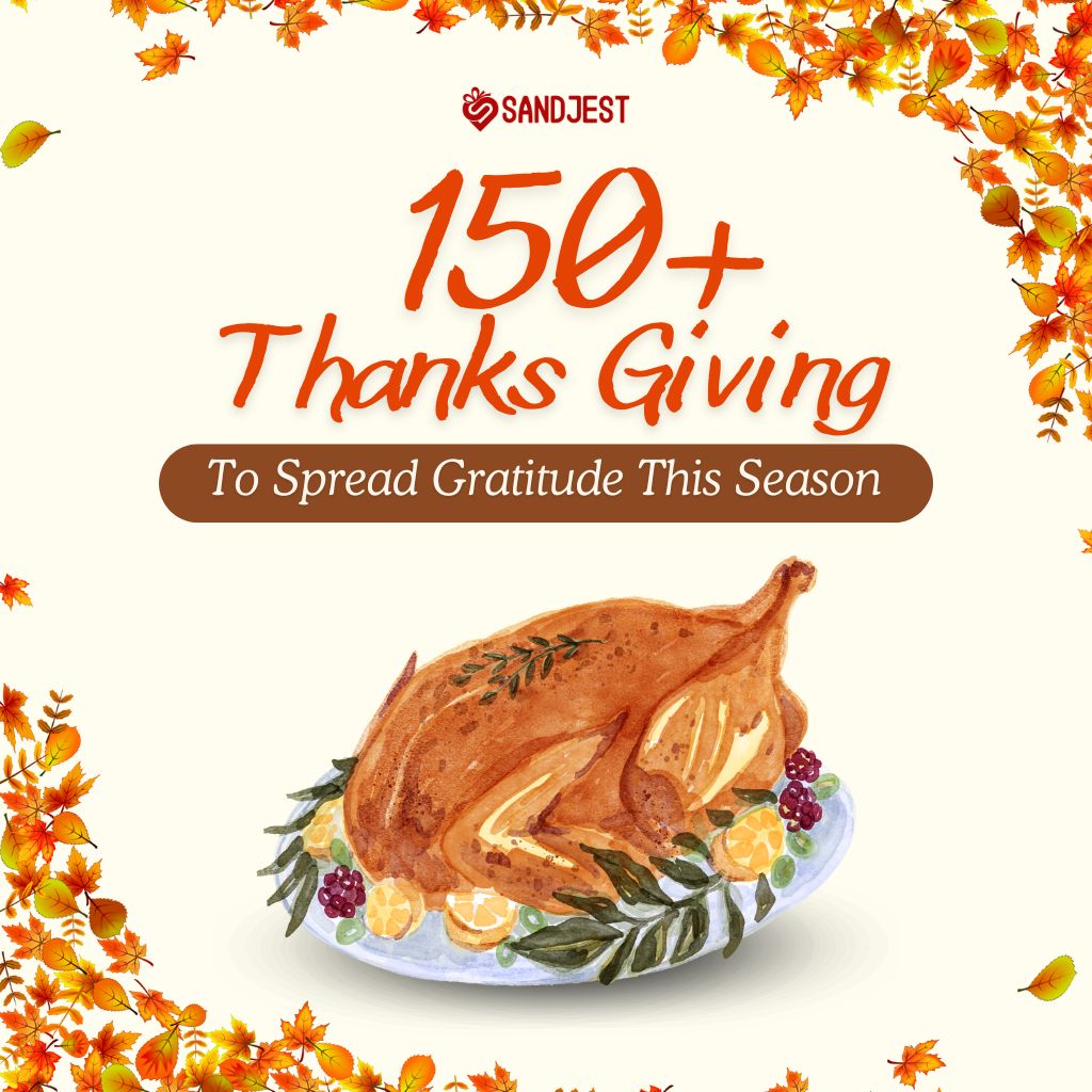 A vibrant Thanksgiving promotional graphic from Sandjest featuring an illustrated turkey.
