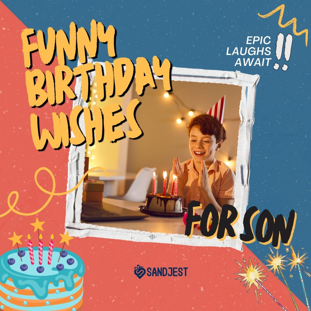 A cheerful young boy about to make a birthday wish, with decorative text promoting Sandjest's funny birthday wishes for a son