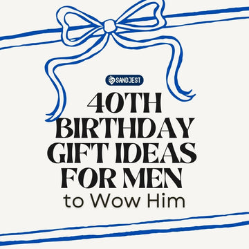 Striking blue ribbon graphic with text for an article on '20+ Best 40th Birthday Gift Ideas for Men You Need To Know'.