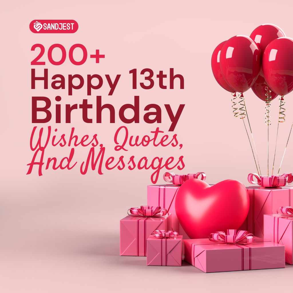 A collection of pink gifts and balloons set to celebrate happy 13th birthday wishes.