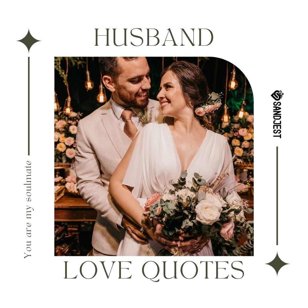 Couple embracing on their wedding day with 'Husband Love Quotes' text, capturing romance.