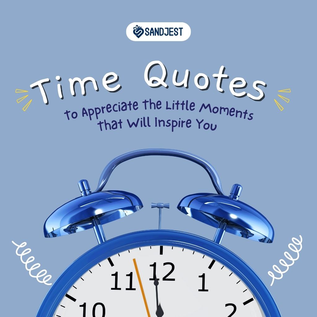 Promotional graphic with a classic alarm clock for an article on time quotes to inspire goal achievement.