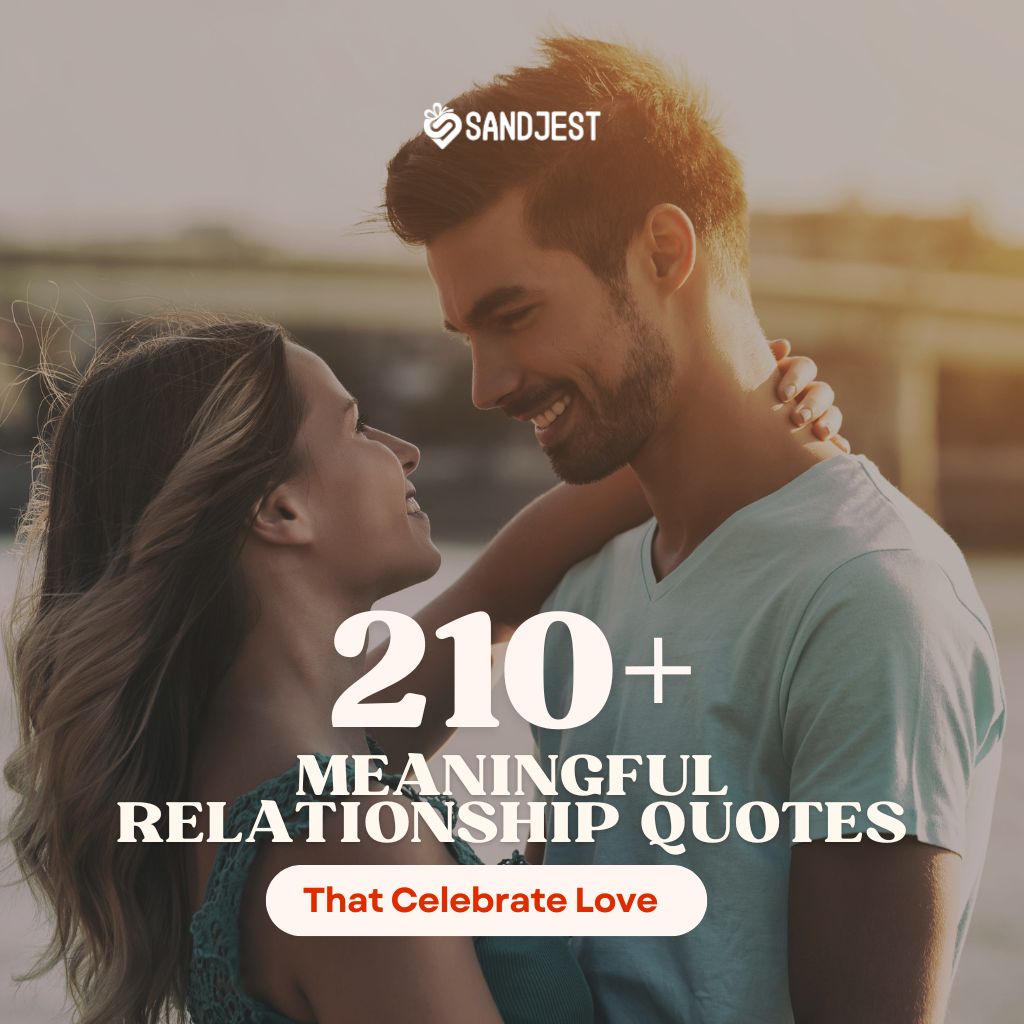 A joyful couple laughing together on the advertisement for Sandjest's 120+ meaningful relationship quotes.