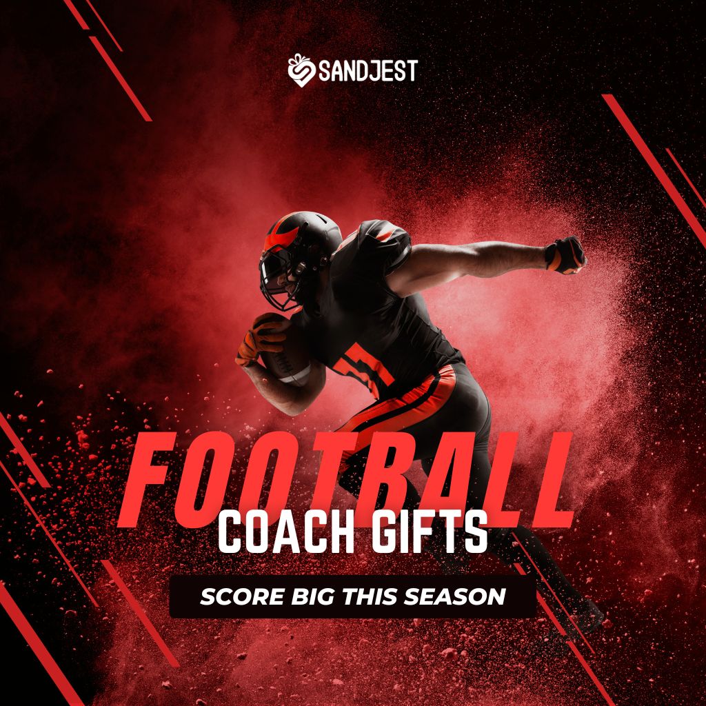 Dynamic image of a football player in black and orange gear making a strong play against a bold red background with the text 'FOOTBALL Coach Gifts' and 'SCORE BIG THIS SEASON' alongside the Sandjest logo
