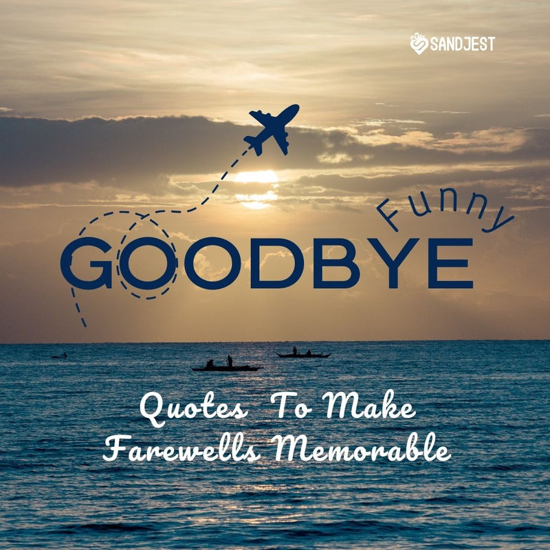 Sunset and silhouette of an airplane with 'Funny Goodbye Quotes to Make Farewells Memorable' by Sandjest.