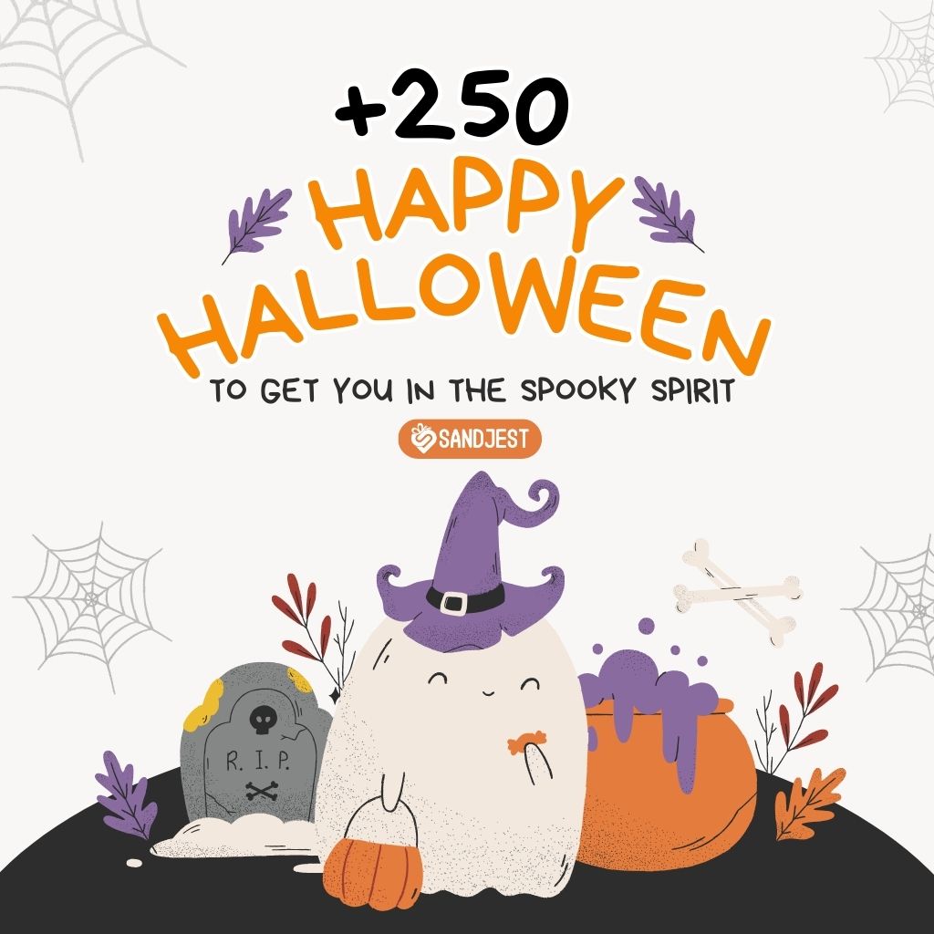 Festive Halloween graphic with cute characters and decorations promoting a collection of over 250 quotes.